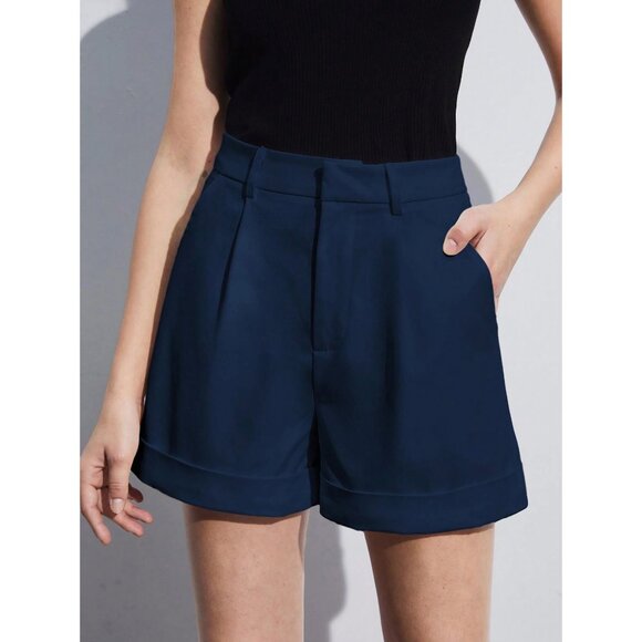 Navy Blue High-Waisted Tailored Shorts Minimalist Business Chic - Picture 1 of 2